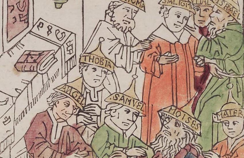 El legendario concilio secreto judío que supuestamente decidió la muerte de Simón de Trento. Ilustración de <i>Conu[er]si ab ydolis p[er] predicacione[m] b[ea]ti ioha[n]nis drusiana</i> (ca. 1470-75), Herzog August Bibliothek, Wolfenbüttel.